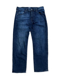 A pair of dark blue straight-leg denim jeans
