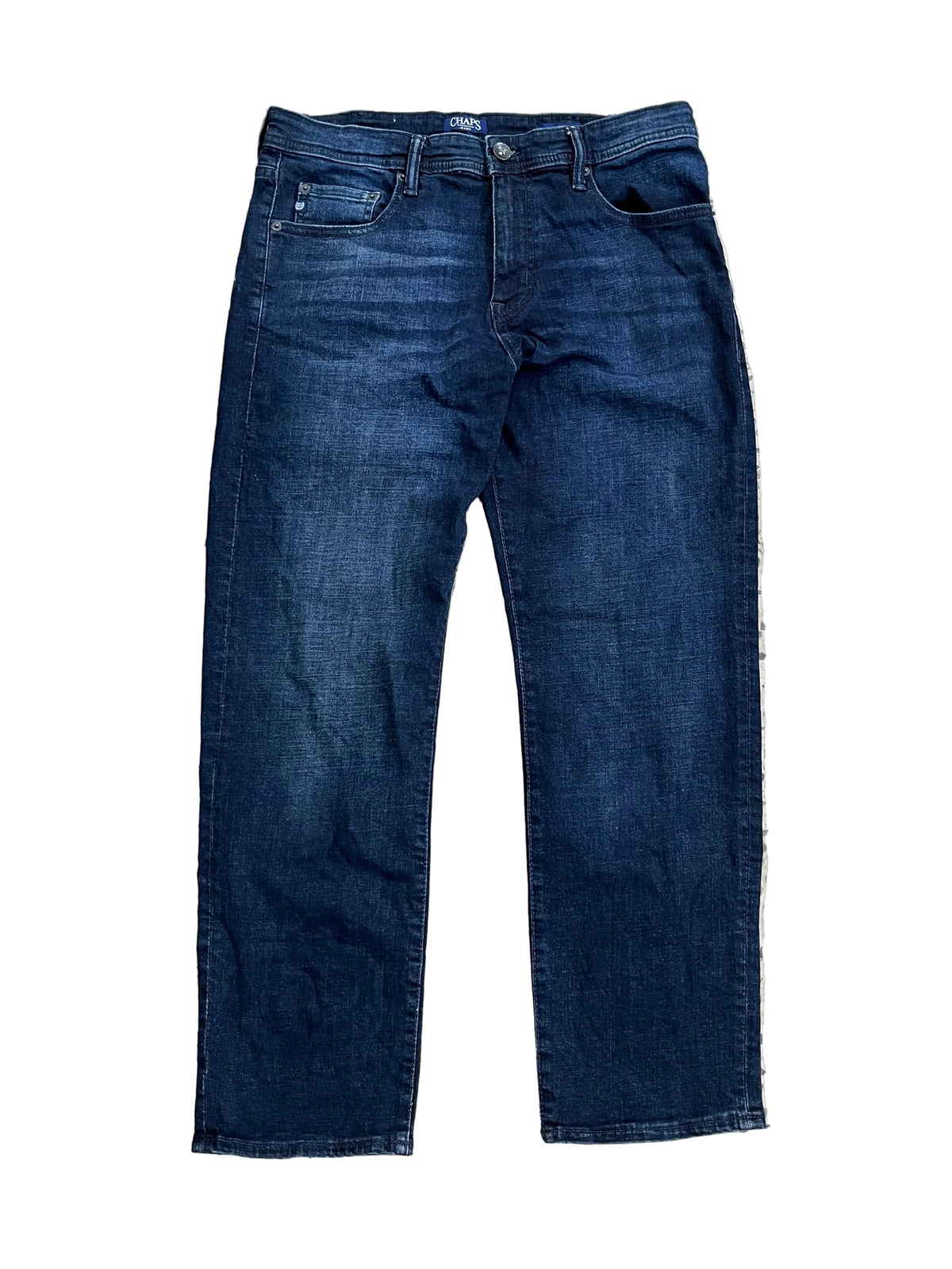 A pair of dark blue straight-leg denim jeans