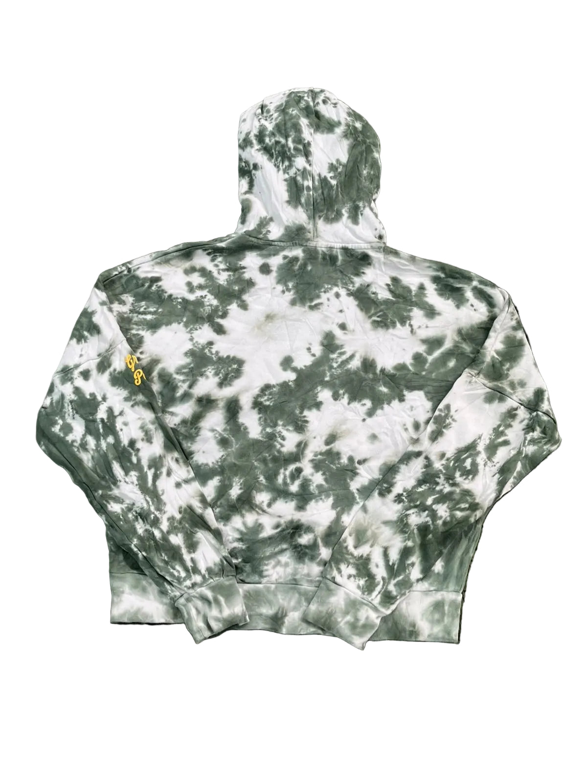A green and white tie-dye hoodie is. The back of the hoodie is shown, featuring a small yellow embroidered logo on the left shoulder area.