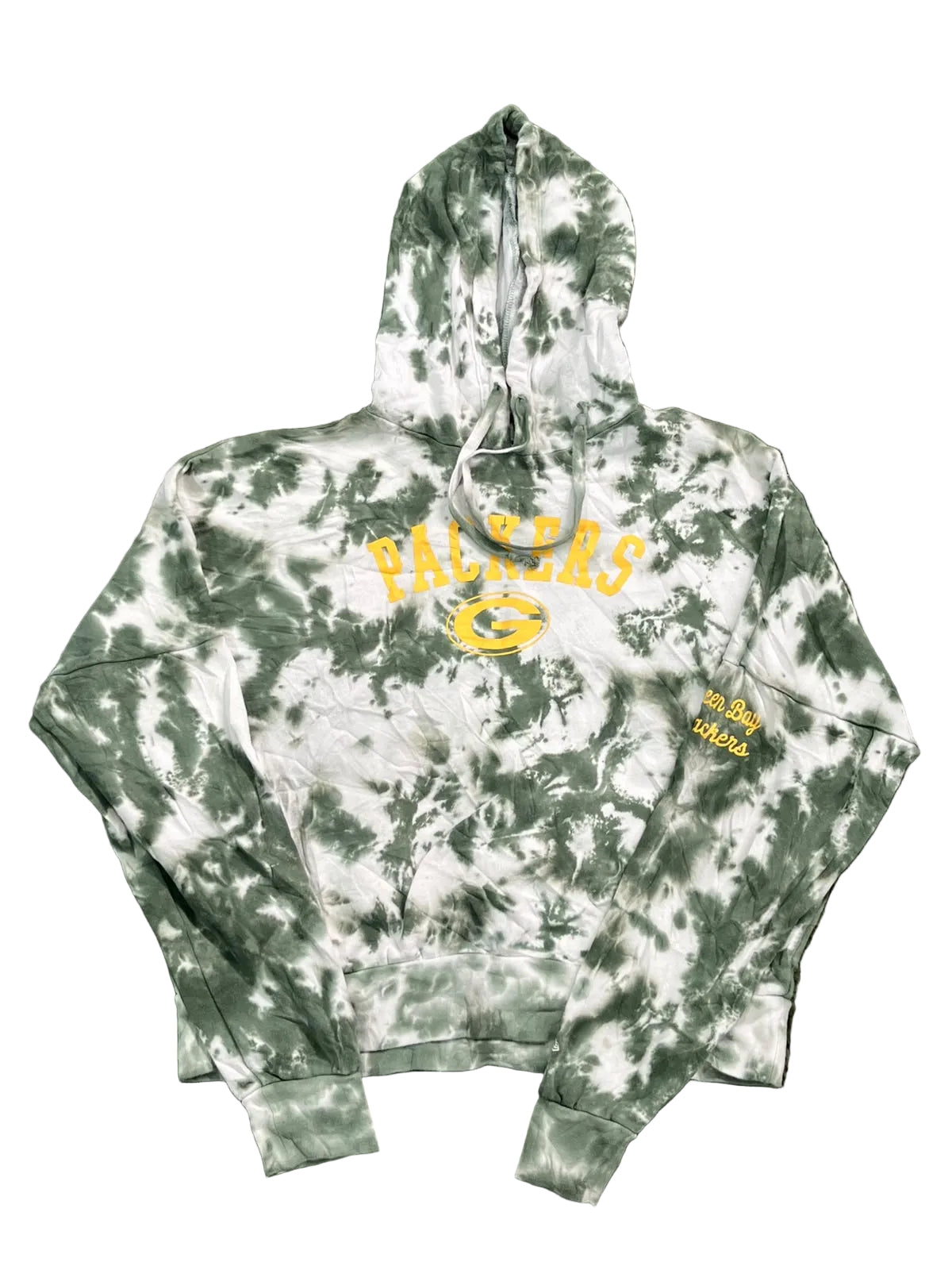 A green and white tie-dye pullover hoodie with 'PALMERS' and a Gameday logo printed in yellow on the chest,