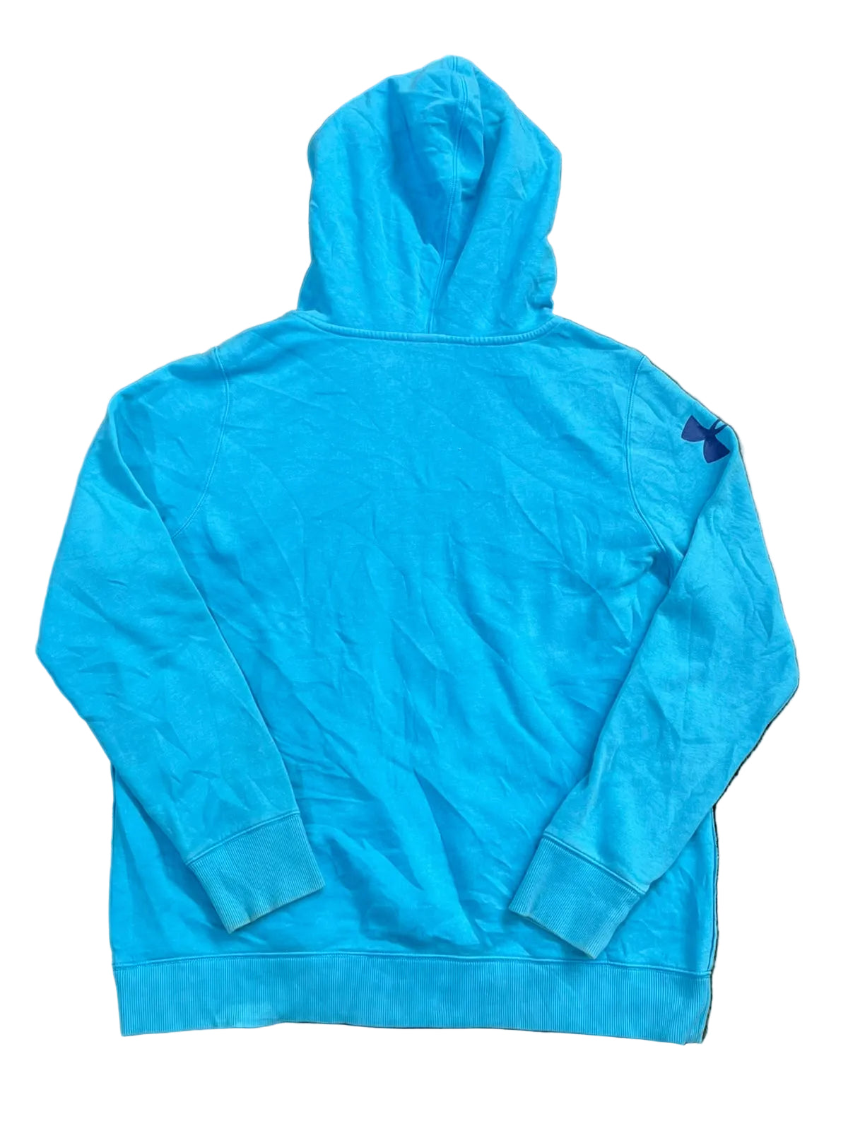 A bright blue hooded sweatshirt  showing the back view with a small dark logo on the upper left shoulder.