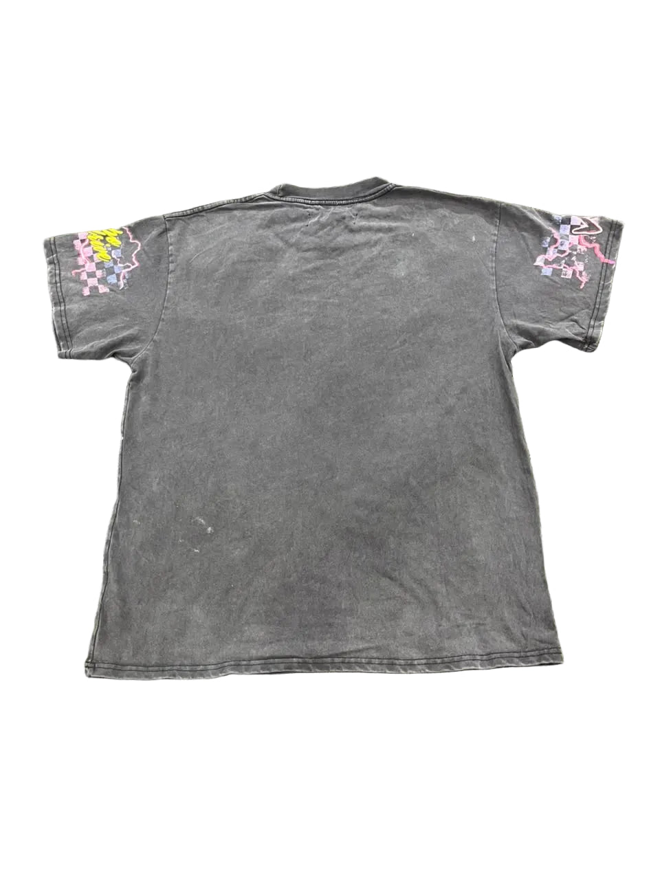 A faded black short-sleeve t-shirt with colorful pixelated graphics on both shoulders, .