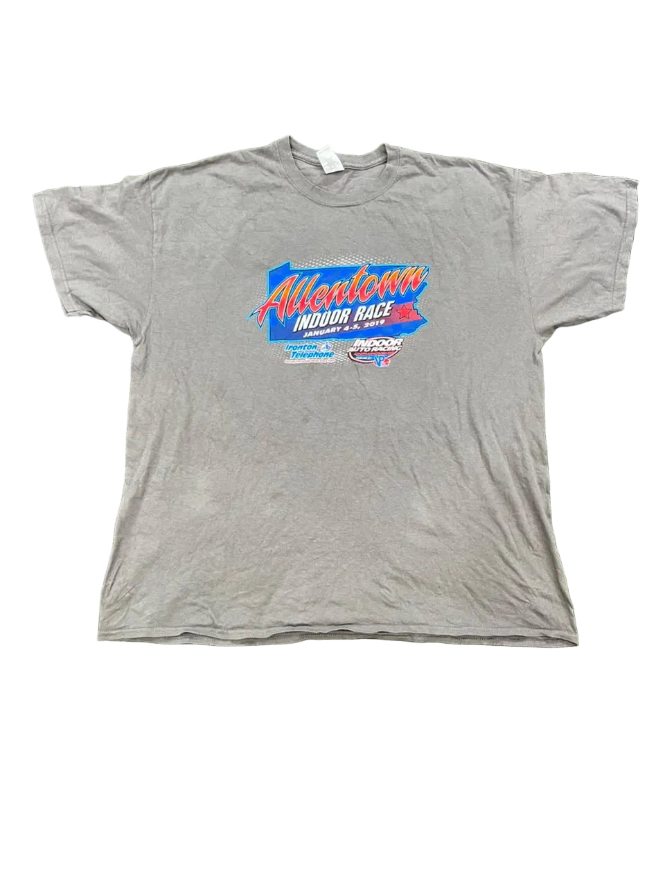 A gray short-sleeve t-shir, featuring a colorful 'Atlanta Indoor Race' graphic on the chest.
