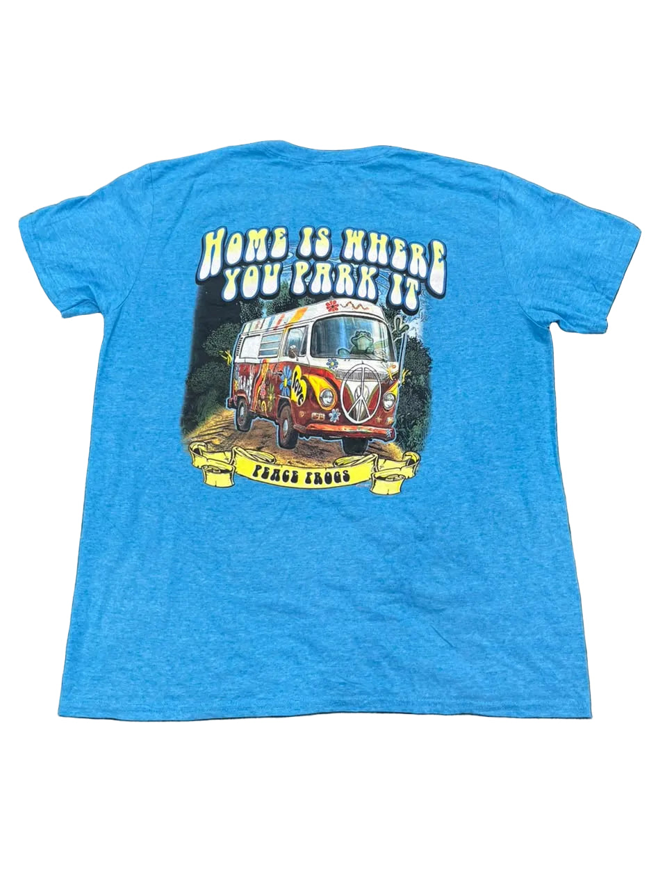 A heather blue short-sleeve t-shirtshowing the back side with a large graphic of a vintage orange and white van and the text 'HOME IS WHERE YOU PARK IT' and 'JAZZ ANCHOR'.