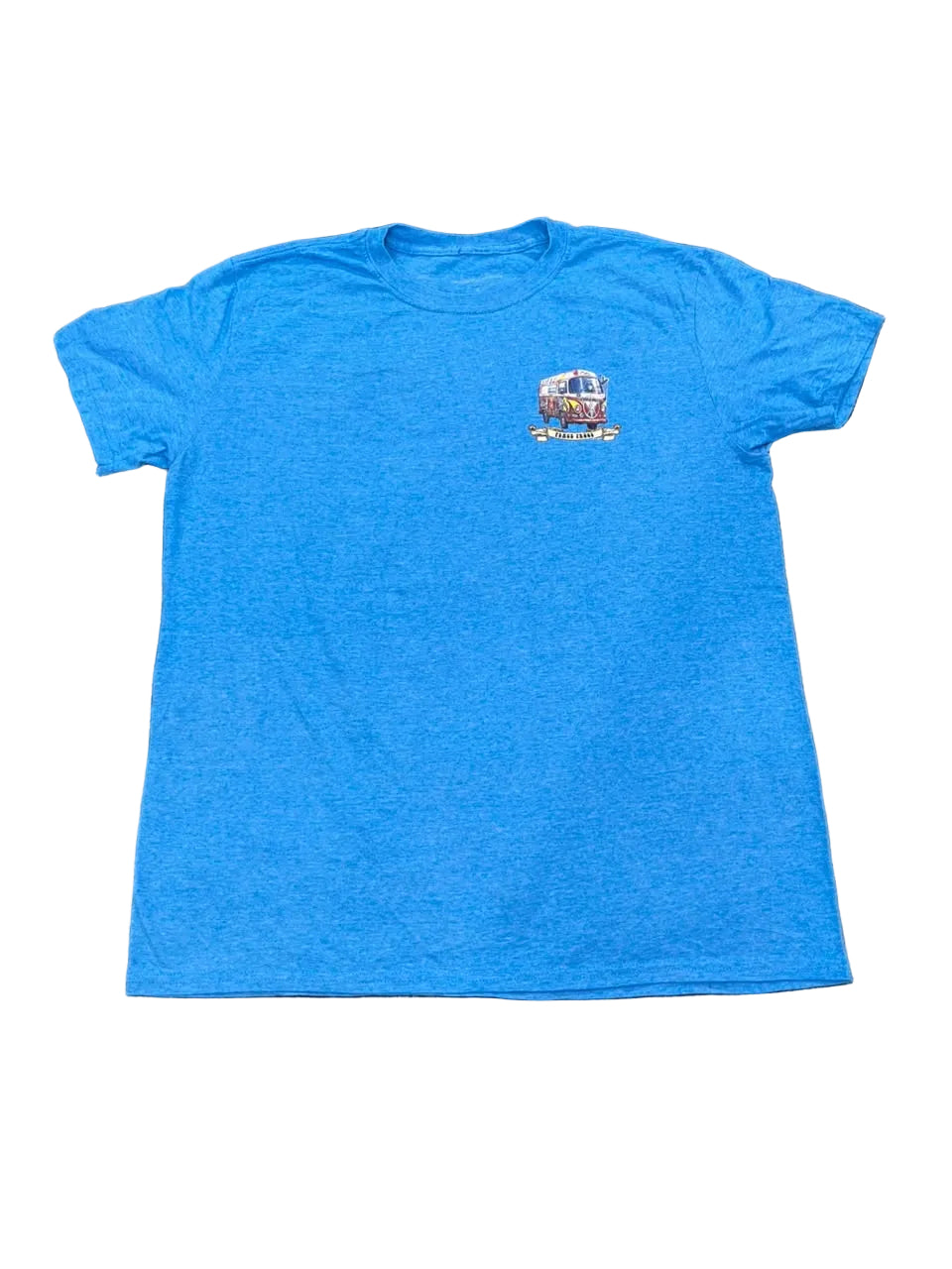 A bright blue heather short-sleeve t-shirt with a small colorful graphic on the left chest, 