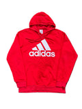 A red Adidas pullover hoodie with a large white logo on the front,