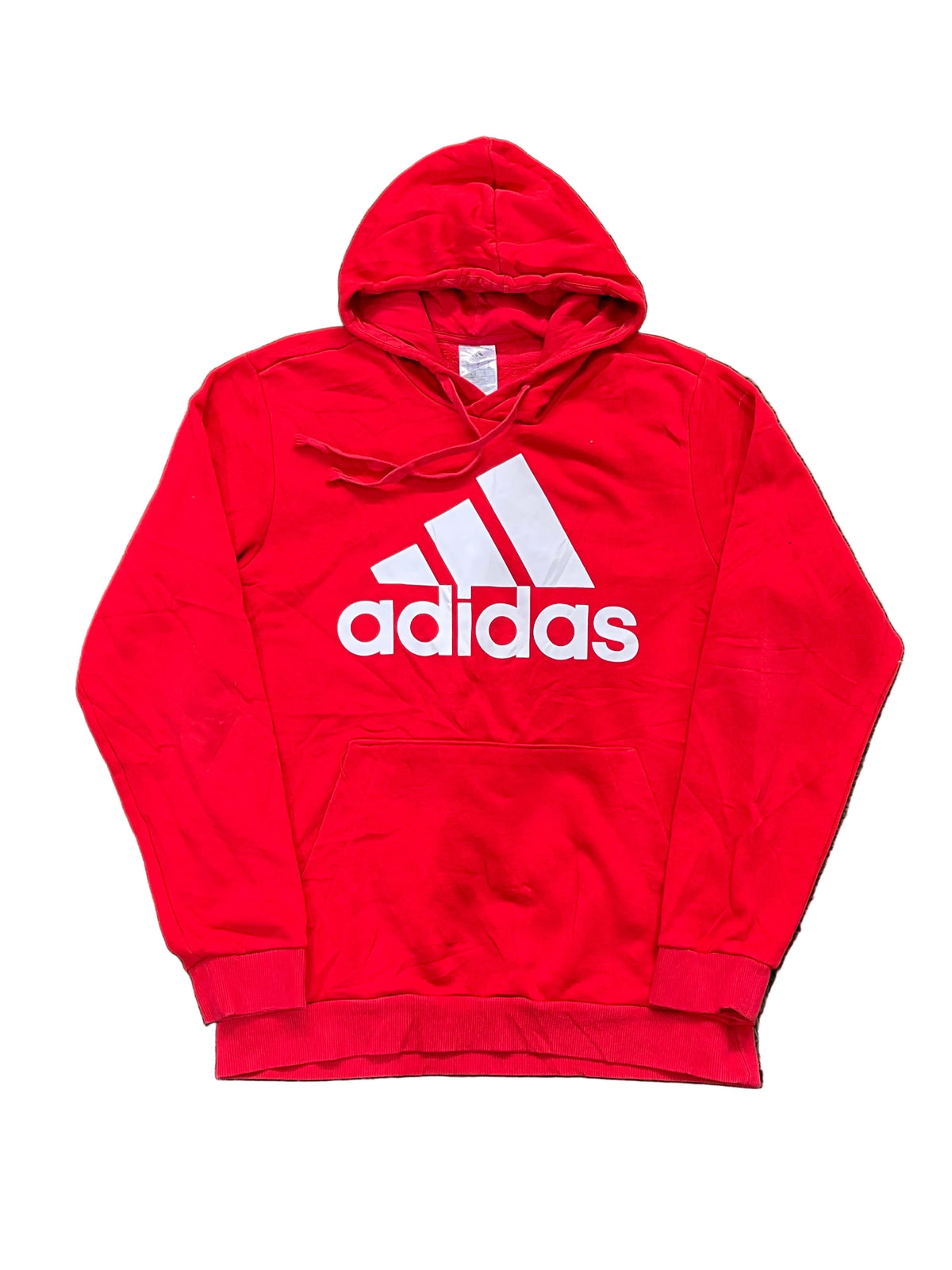 A red Adidas pullover hoodie with a large white logo on the front,