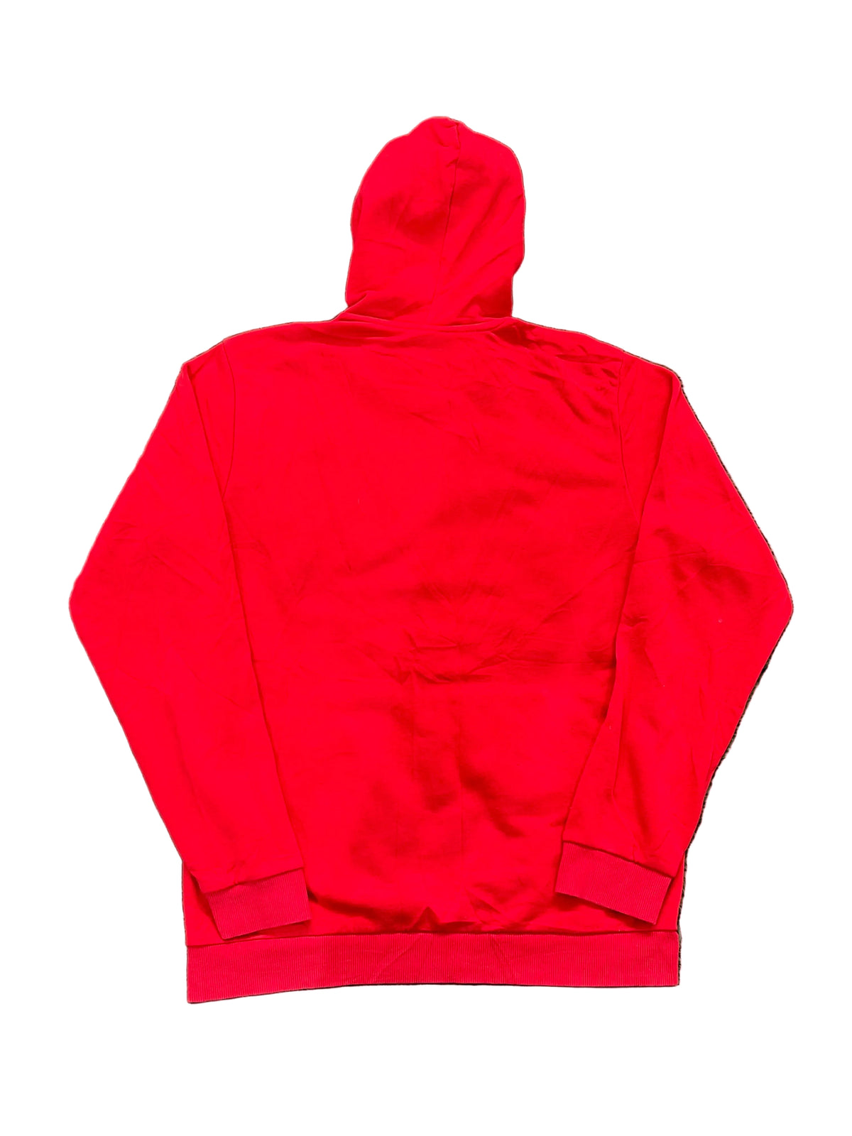 A bright red hooded sweatshirt shown from the back,