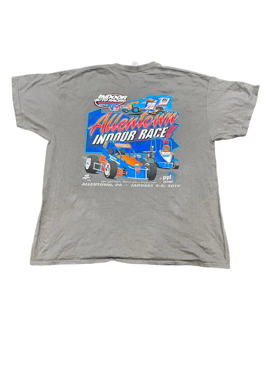 A gray short-sleeve graphic T-shirt lai The shirt features a large front print for the 2019 Allentown Indoor Race with race car graphics and text.