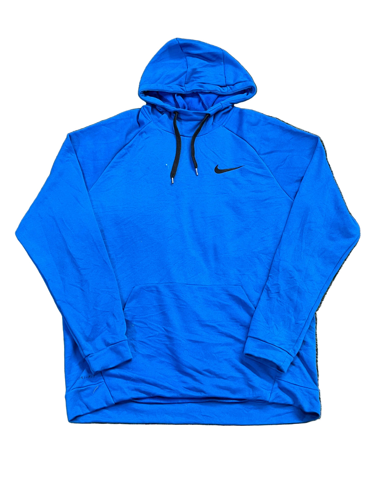 A bright blue Nike pullover hoodie with black drawstrings and a black swoosh logo,