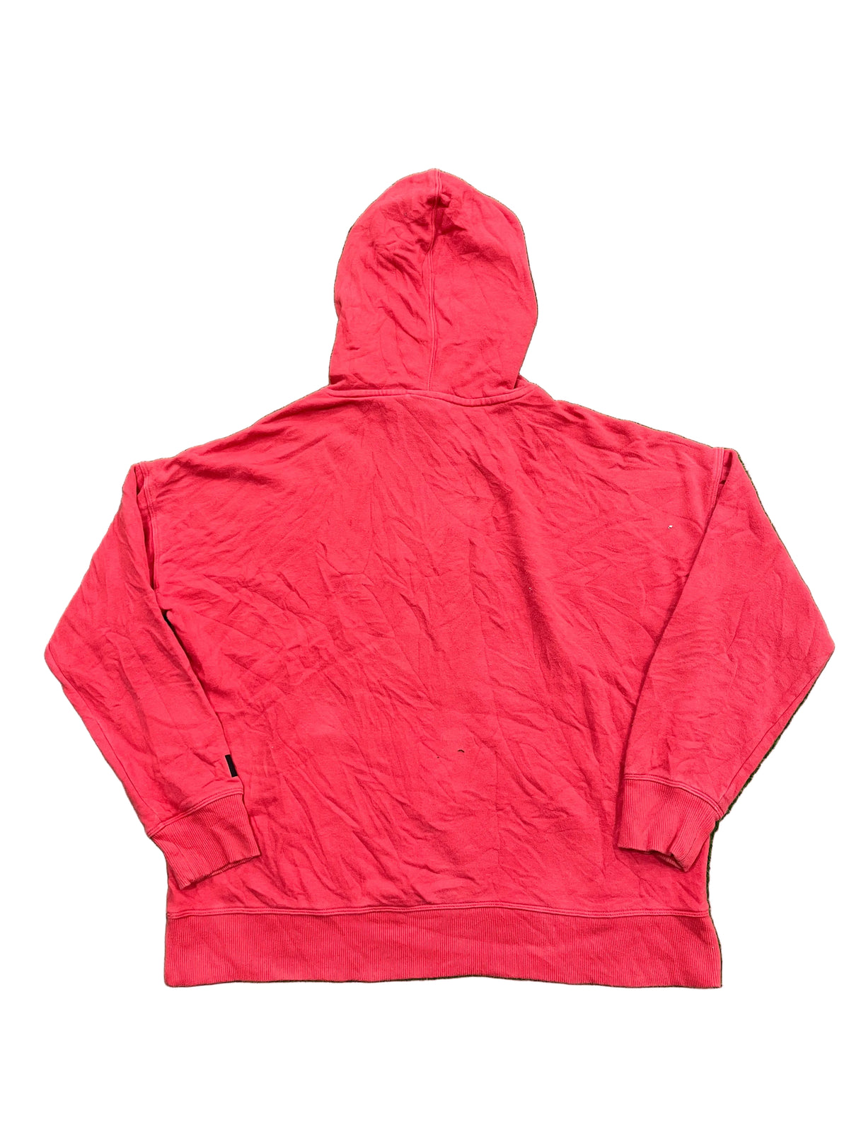A bright red zip-up hoodie showing the back view with a hood and long sleeves.