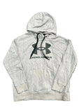 A light gray heather Under Armour pullover hoodie with a black logo and drawstrings,