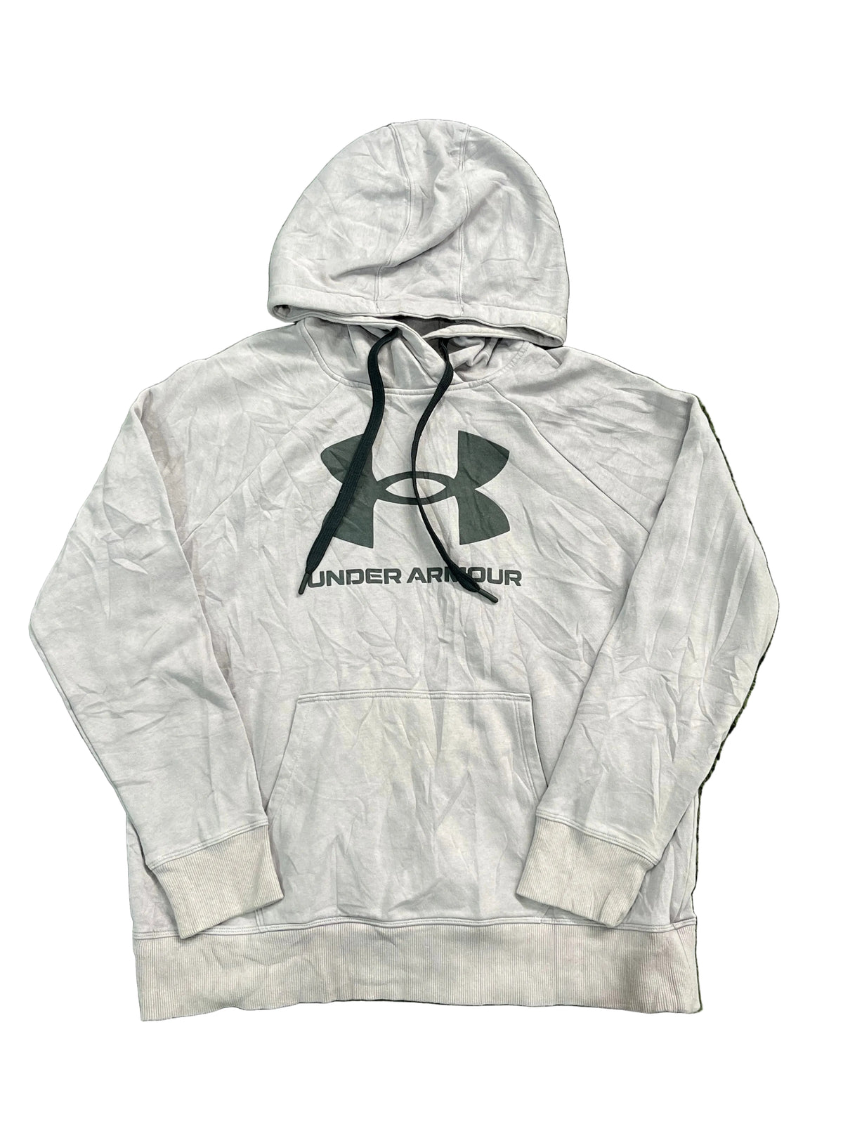 A light gray heather Under Armour pullover hoodie with a black logo and drawstrings,