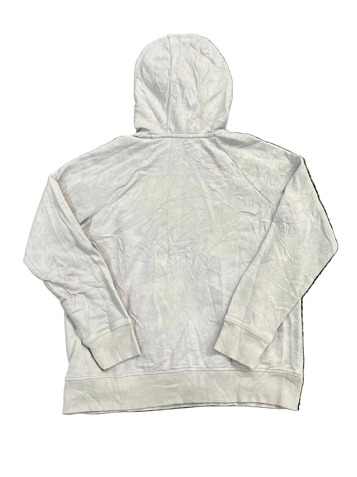 A light gray or off-white hooded sweatshirt, showing the back view of the garment.