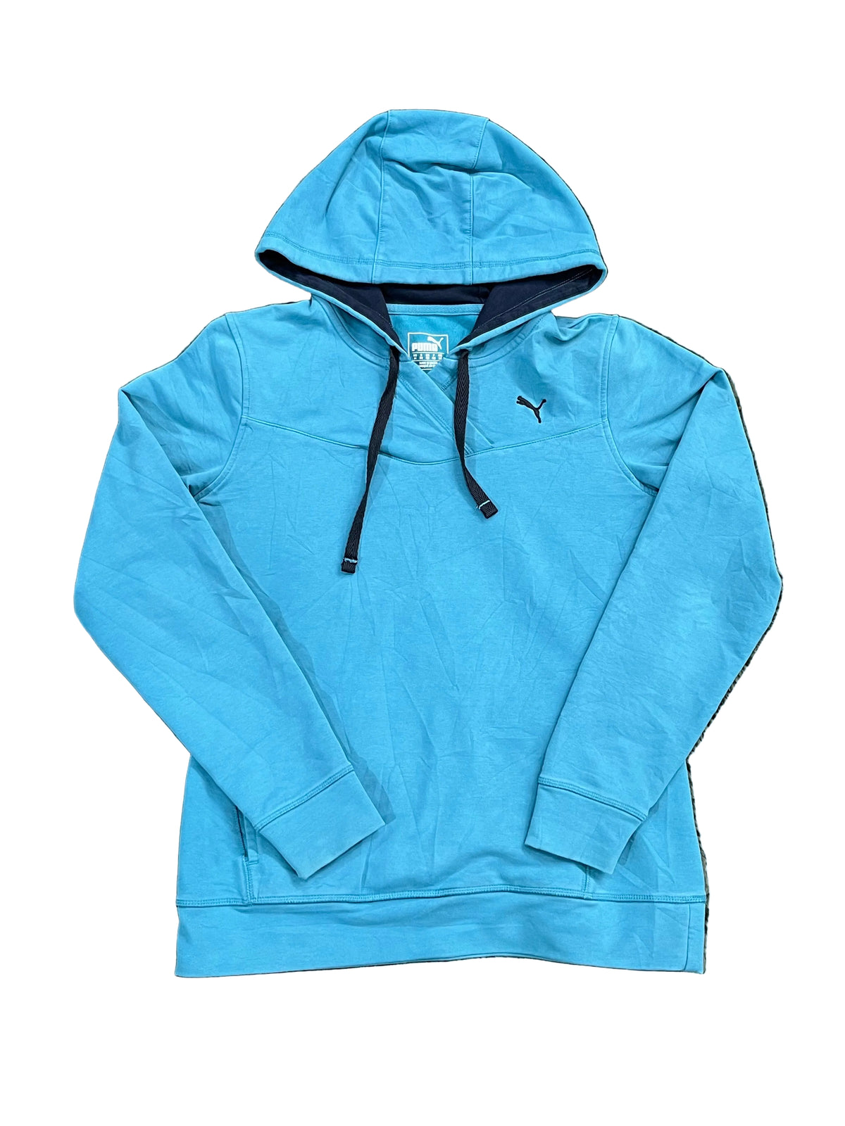 A bright blue Puma hoodie with black drawstrings and a black Puma logo on the left chest,