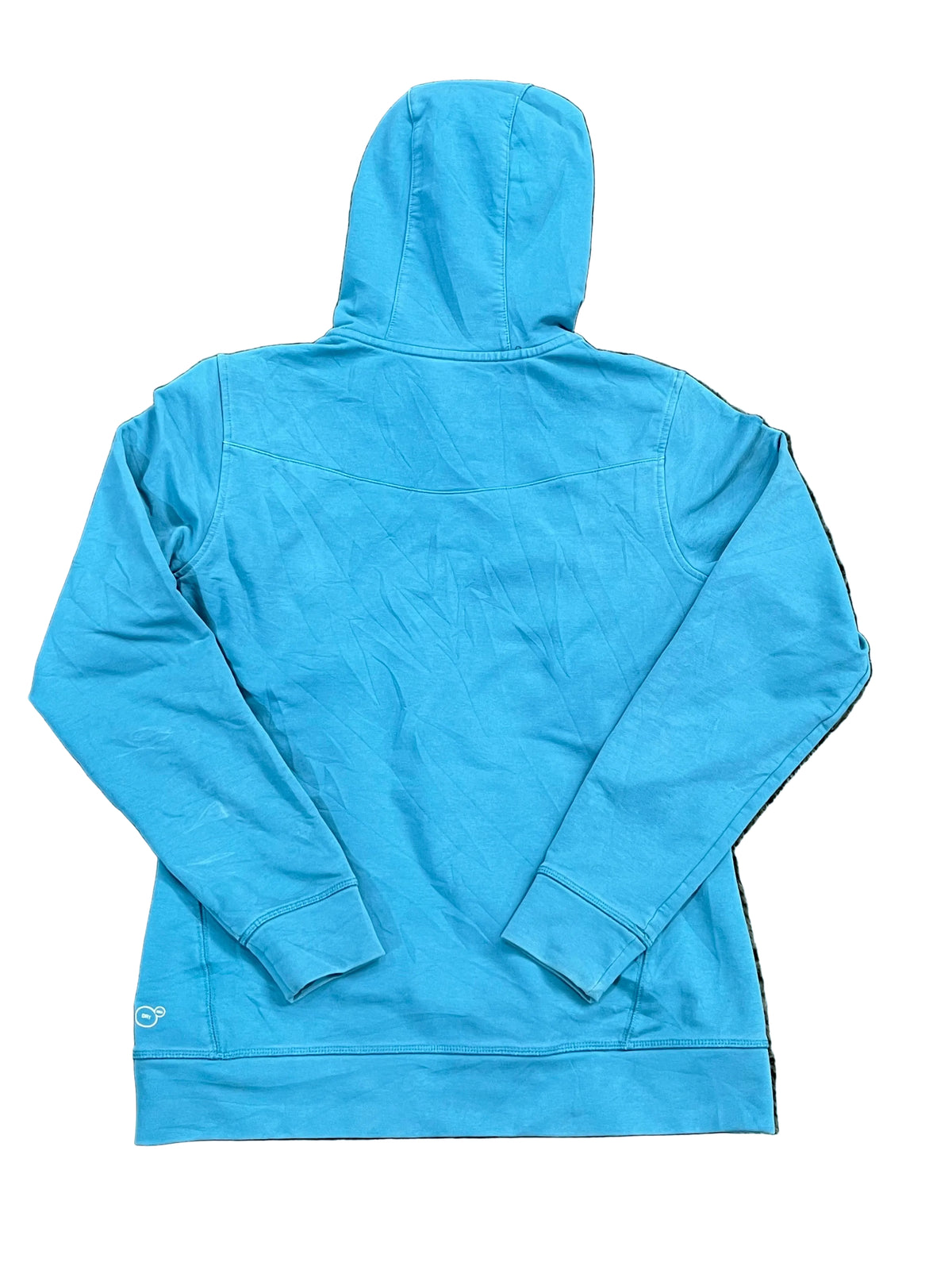 A bright turquoise blue zip-up hoodie shown from the back,