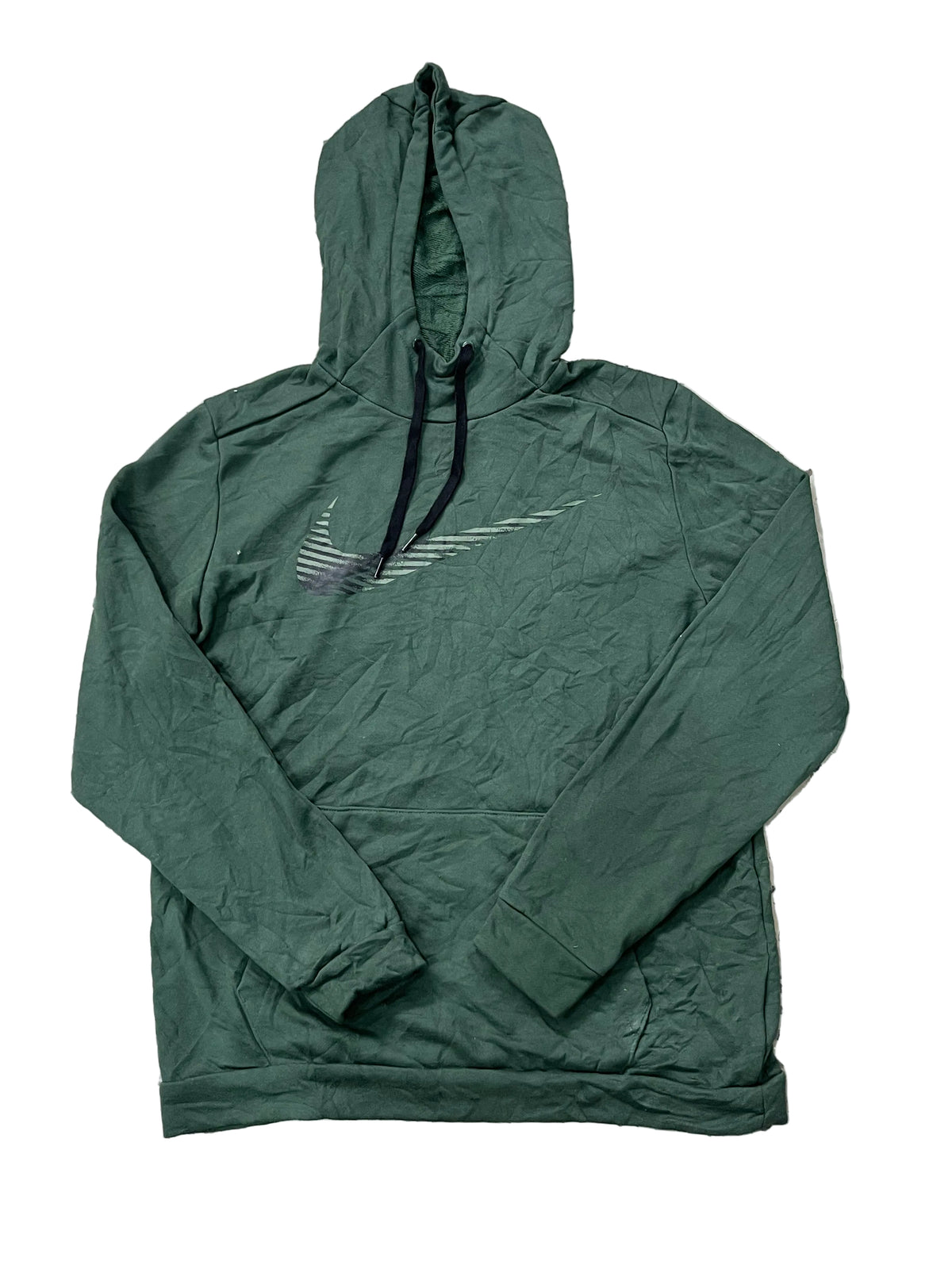 A dark green Nike hooded sweatshirt The sweatshirt features a subtle gray and black Nike Swoosh logo on the left chest and black drawstrings.