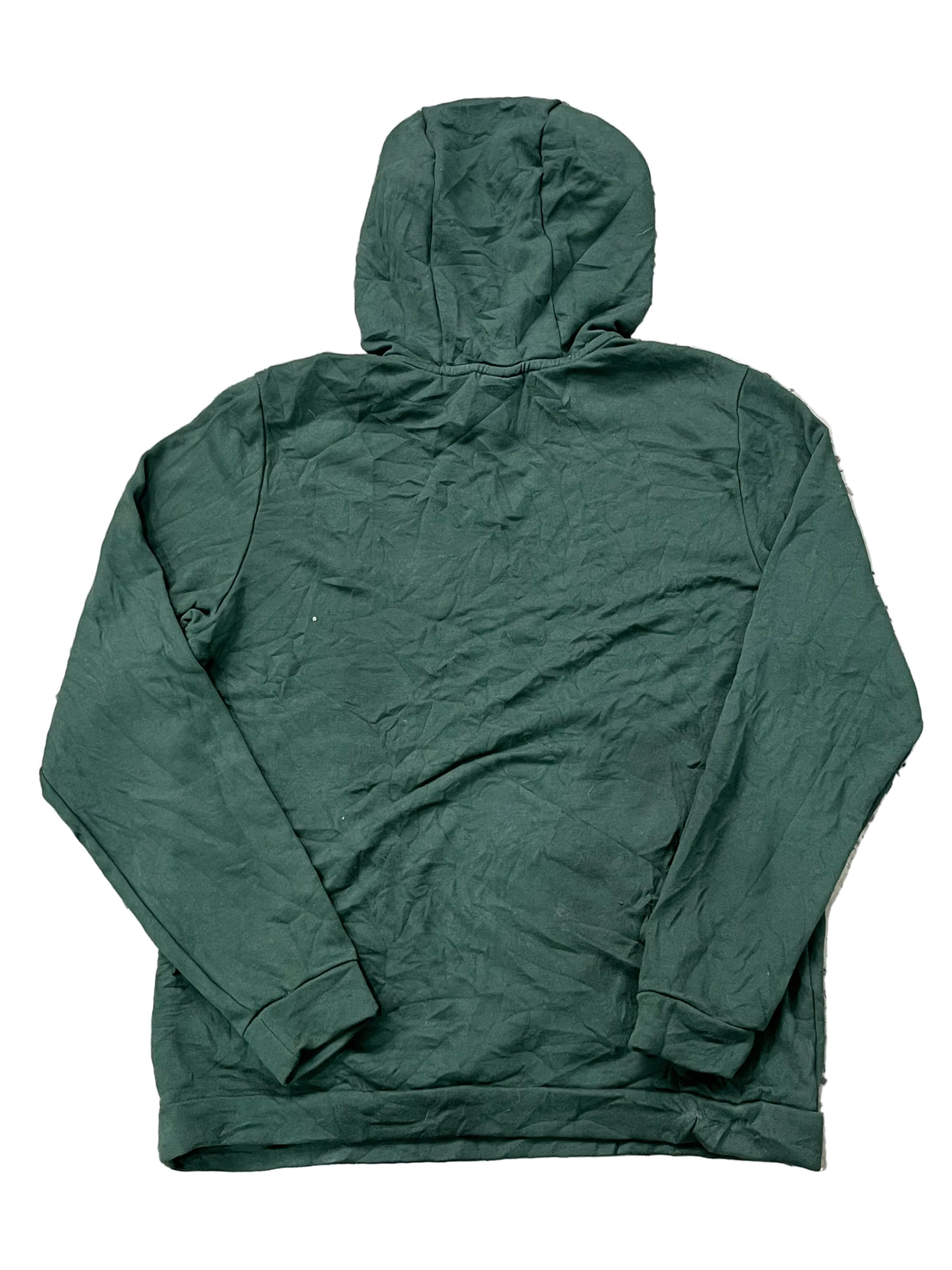 A dark forest green hooded, viewed from the back.