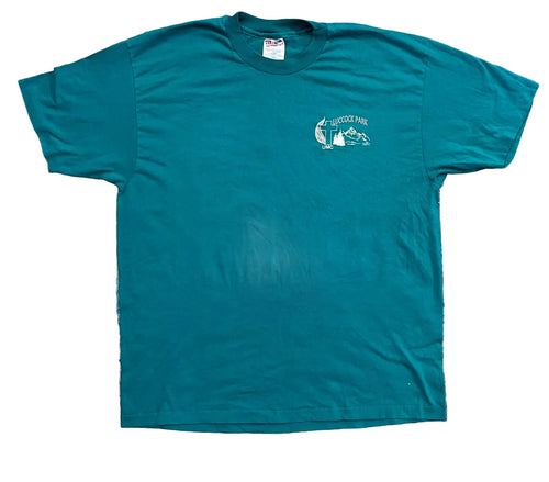 A teal short-sleeve t-shirt. The shirt features a small white graphic on the left chest depicting a lighthouse and mountains with the text 'HICOTIA PARK'.