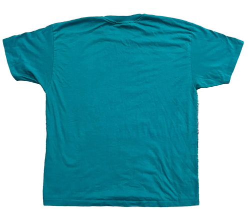 A teal short-sleeve t-shirt . The shirt is shown from the back, with no visible branding or graphics.