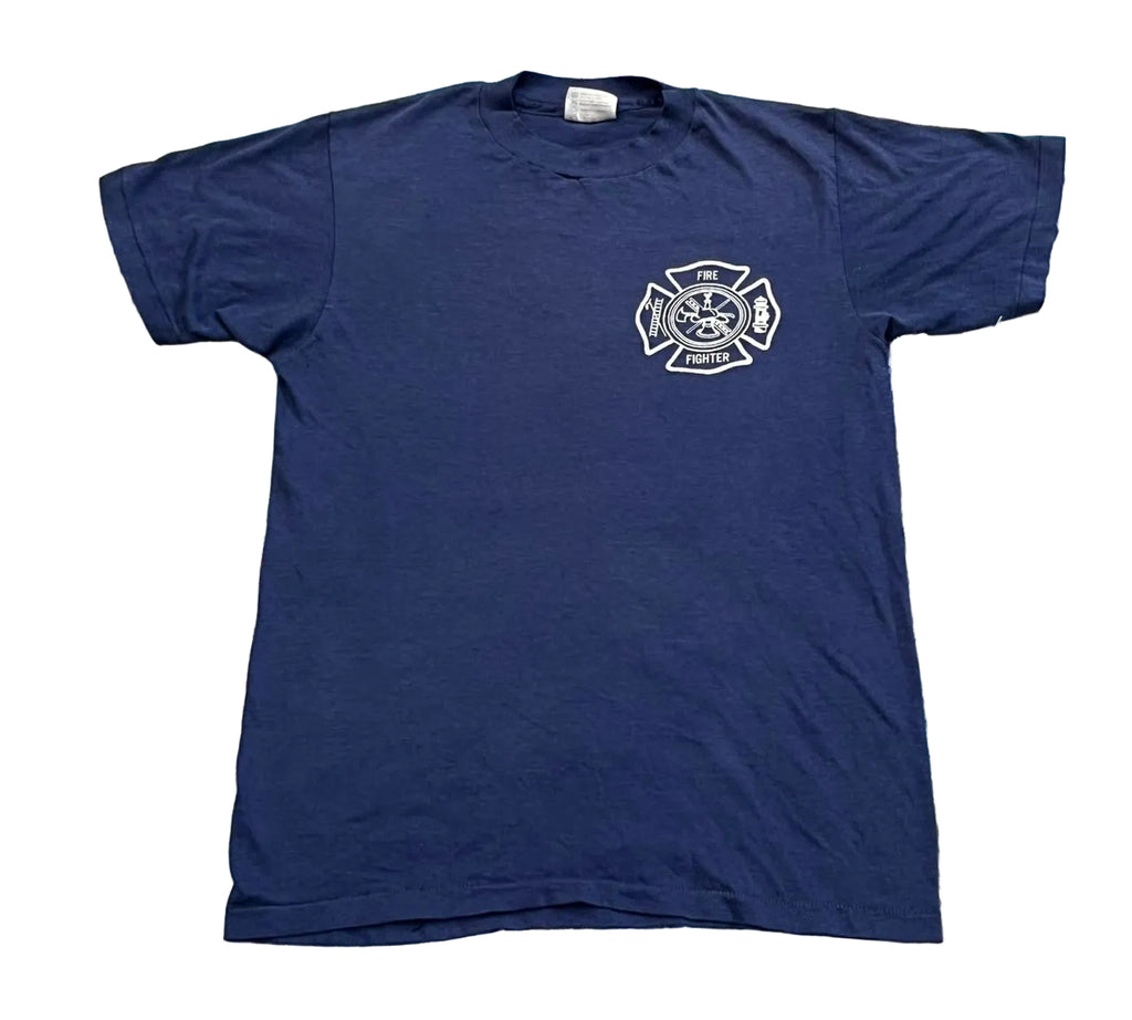 A navy blue short-sleeve t-shirt with a white fire department emblem printed on the left chest, 