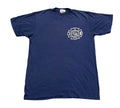 A navy blue short-sleeve t-shirt with a white fire department emblem printed on the left chest, 