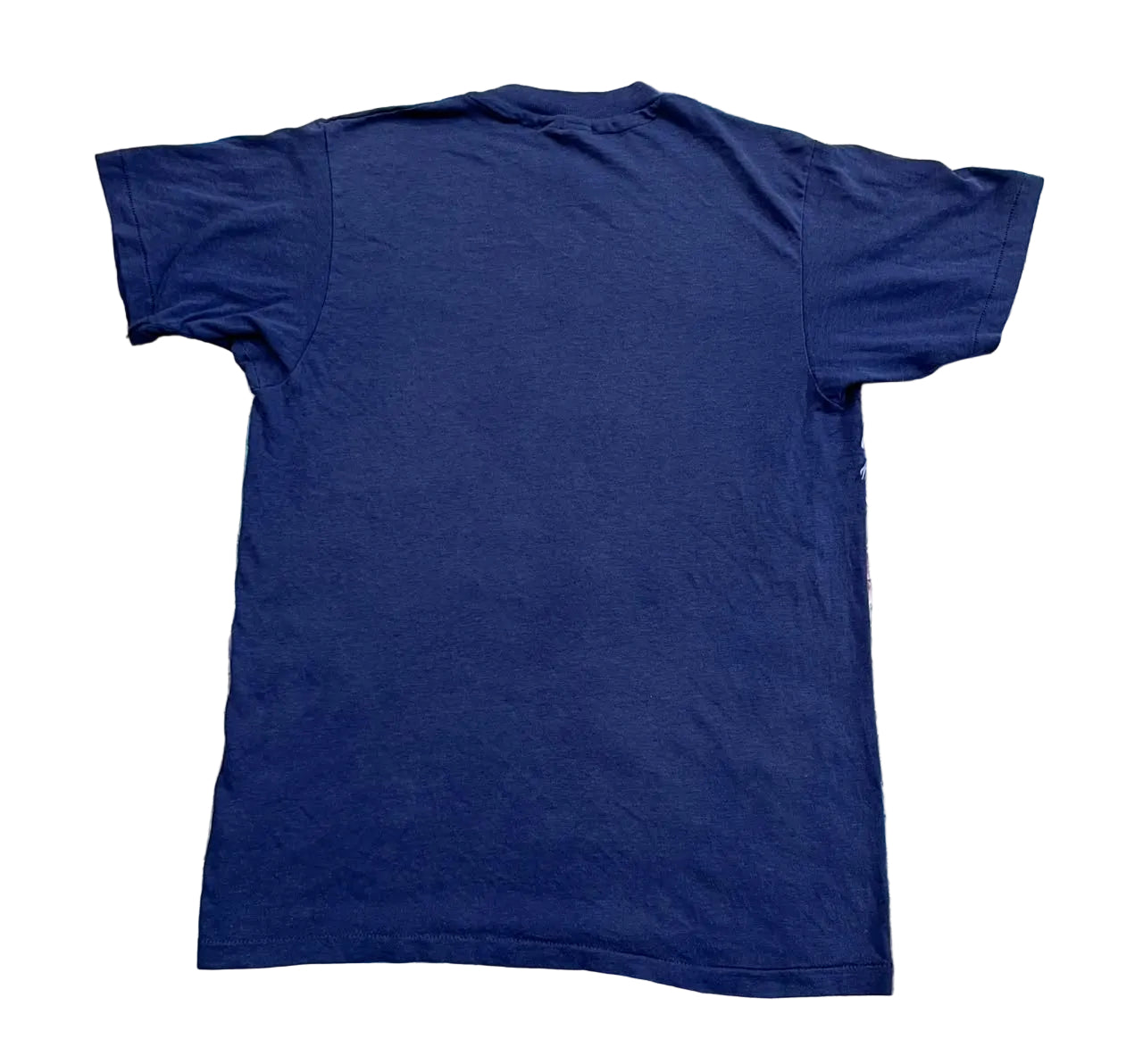 A plain navy blue short-sleeve t-shirt ON THE WHITE BACKGROUND