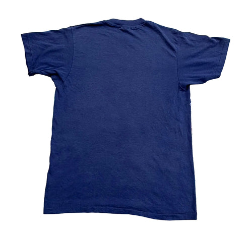 A plain navy blue short-sleeve t-shirt ON THE WHITE BACKGROUND