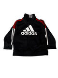 A black Adidas track jacket with white and red stripes, The jacket features the white Adidas logo on the chest and white stripes running down the sleeves.