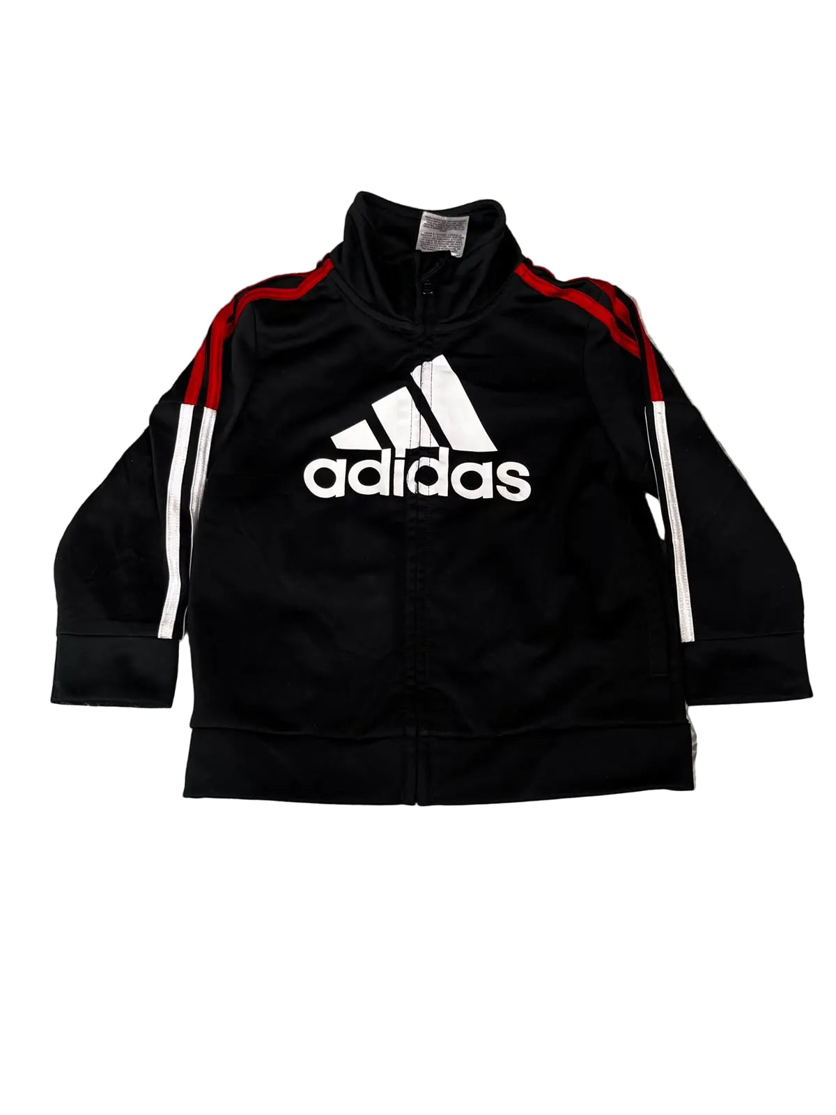 A black Adidas track jacket with white and red stripes, The jacket features the white Adidas logo on the chest and white stripes running down the sleeves.