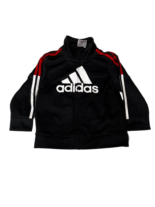 A black Adidas track jacket with white and red stripes, The jacket features the white Adidas logo on the chest and white stripes running down the sleeves.