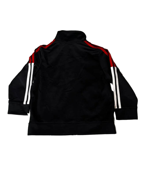 A black track jacket with red and white stripes on the shoulders and sleeves,