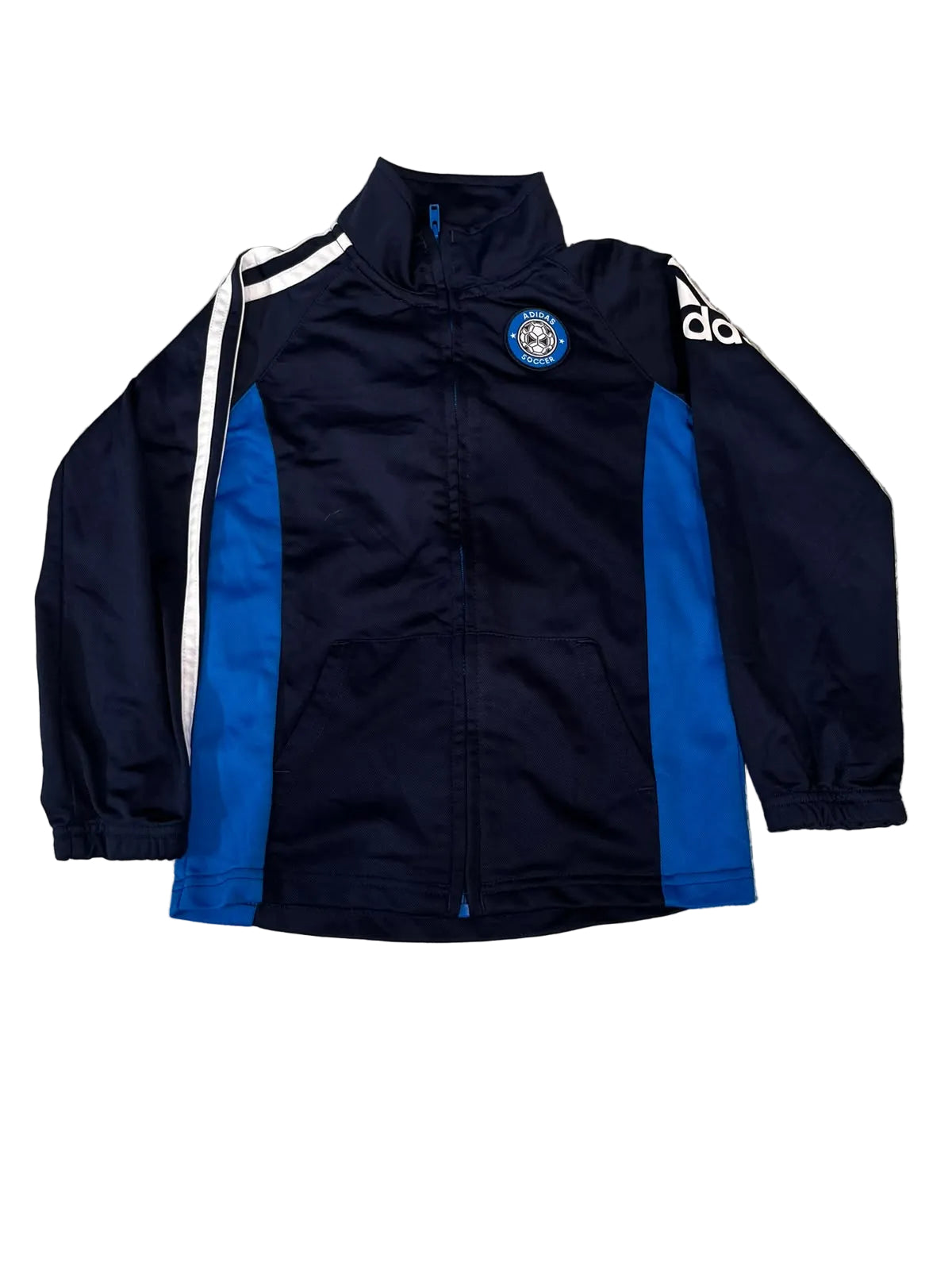 A navy blue Adidas track jacket with bright blue side panels and white stripes,