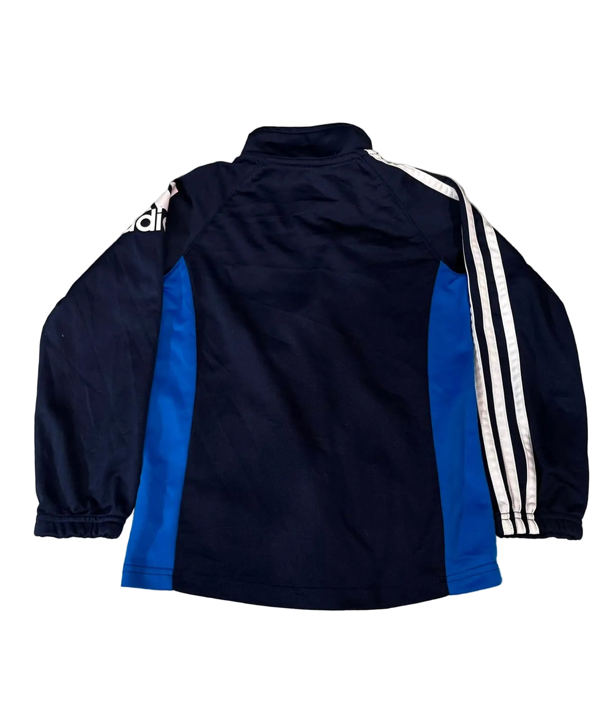 A navy blue Adidas track jacket with bright blue side panels and white three-stripes on the sleeves