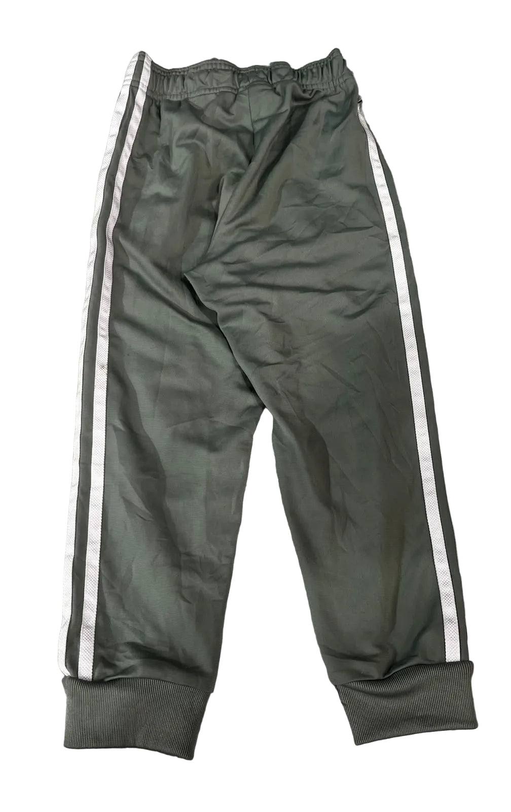 Olive green track pants with white side stripes, 