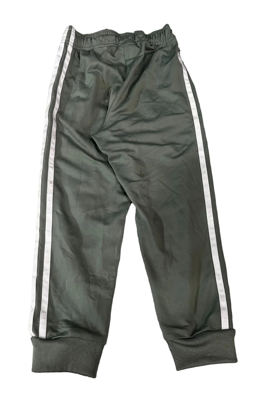 Olive green track pants with white side stripes, 