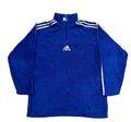 A royal blue Adidas quarter-zip pullover sweatshirt with white stripes on the shoulders and sides, 