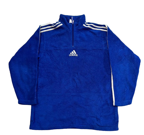 A royal blue Adidas quarter-zip pullover sweatshirt with white stripes on the shoulders and sides, 