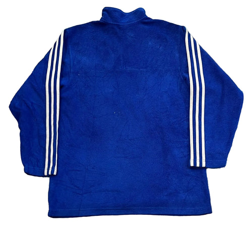 A royal blue fleece track jacket with white three-stripes on the sleeves,