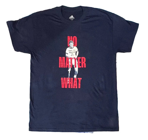 A navy blue Adidas t-shirt featuring a graphic print of a football player overlaid with the red text 