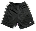Black Adidas athletic shorts with white side stripes and a white Adidas logo on the lower left leg,