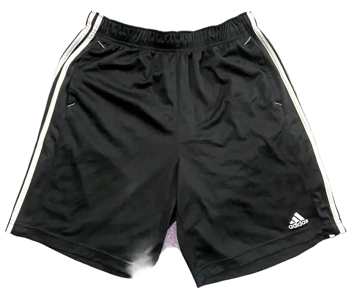 Black Adidas athletic shorts with white side stripes and a white Adidas logo on the lower left leg,