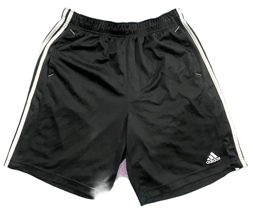 Black Adidas athletic shorts with white side stripes and a white Adidas logo on the lower left leg,