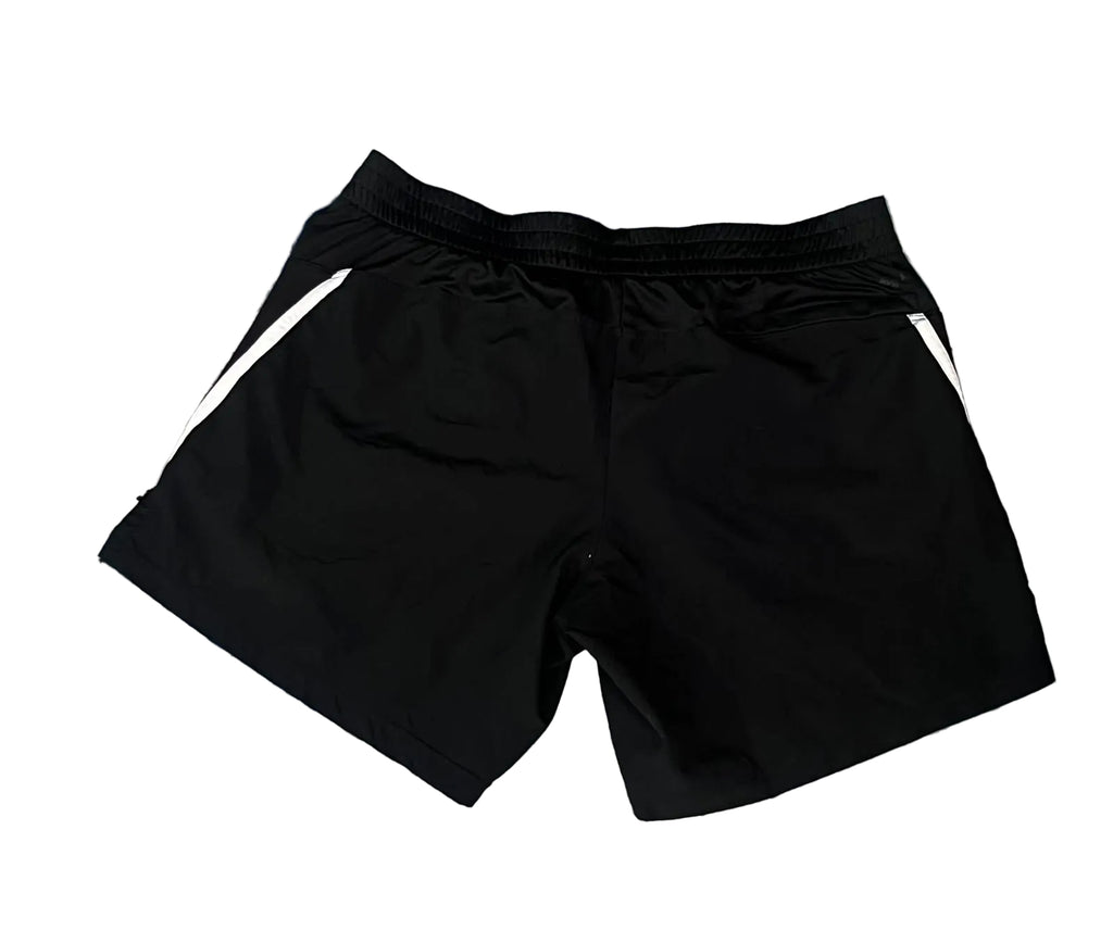 Black athletic shorts with white side stripes,