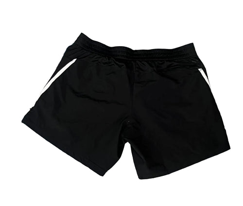 Black athletic shorts with white side stripes,