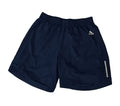 A pair of navy blue Adidas athletic shorts with a small white logo on the left hip and a reflective strip on the lower right leg,