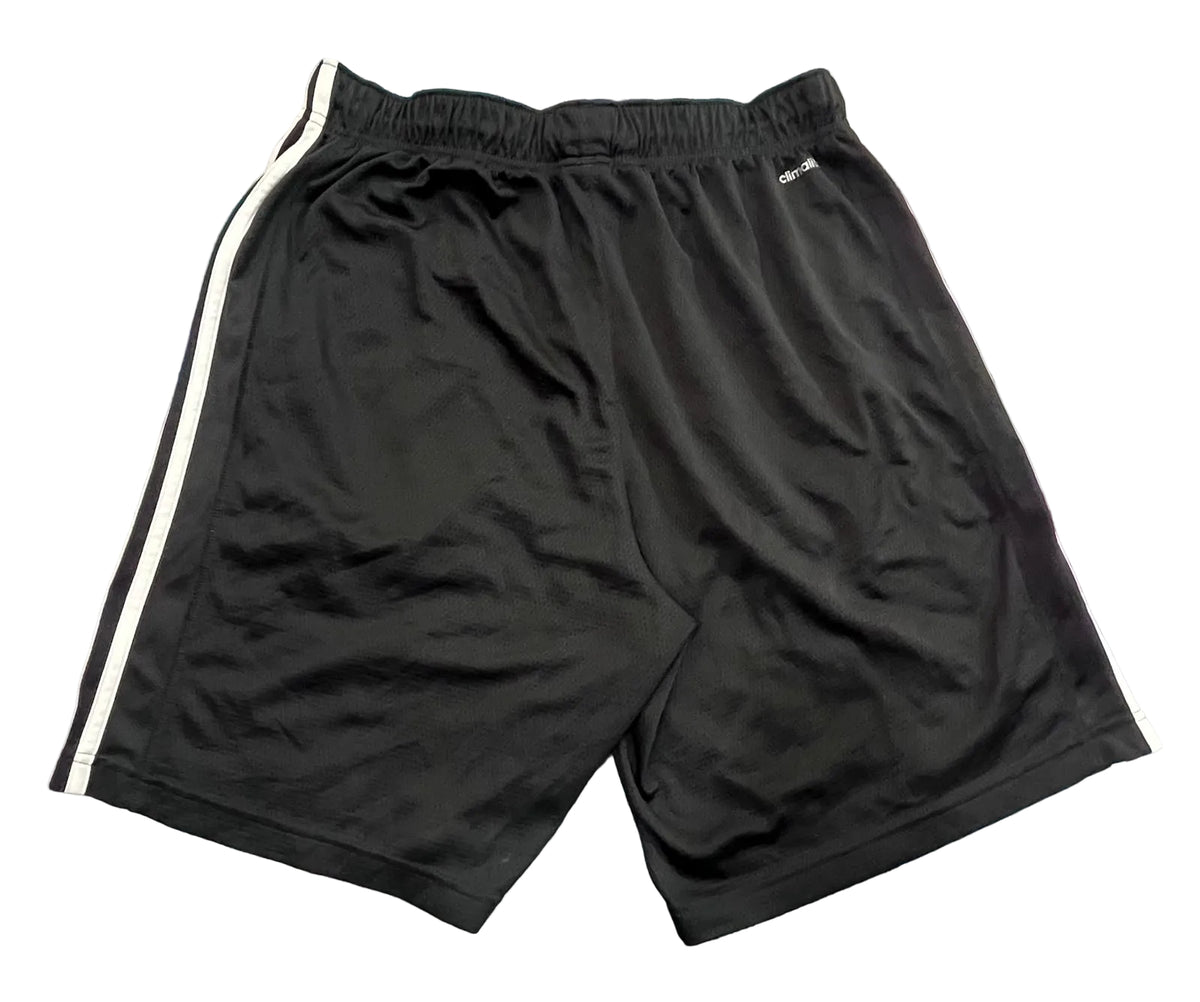 Black athletic shorts with white side stripes,  A small white Reebok logo is visible near the upper right hip.