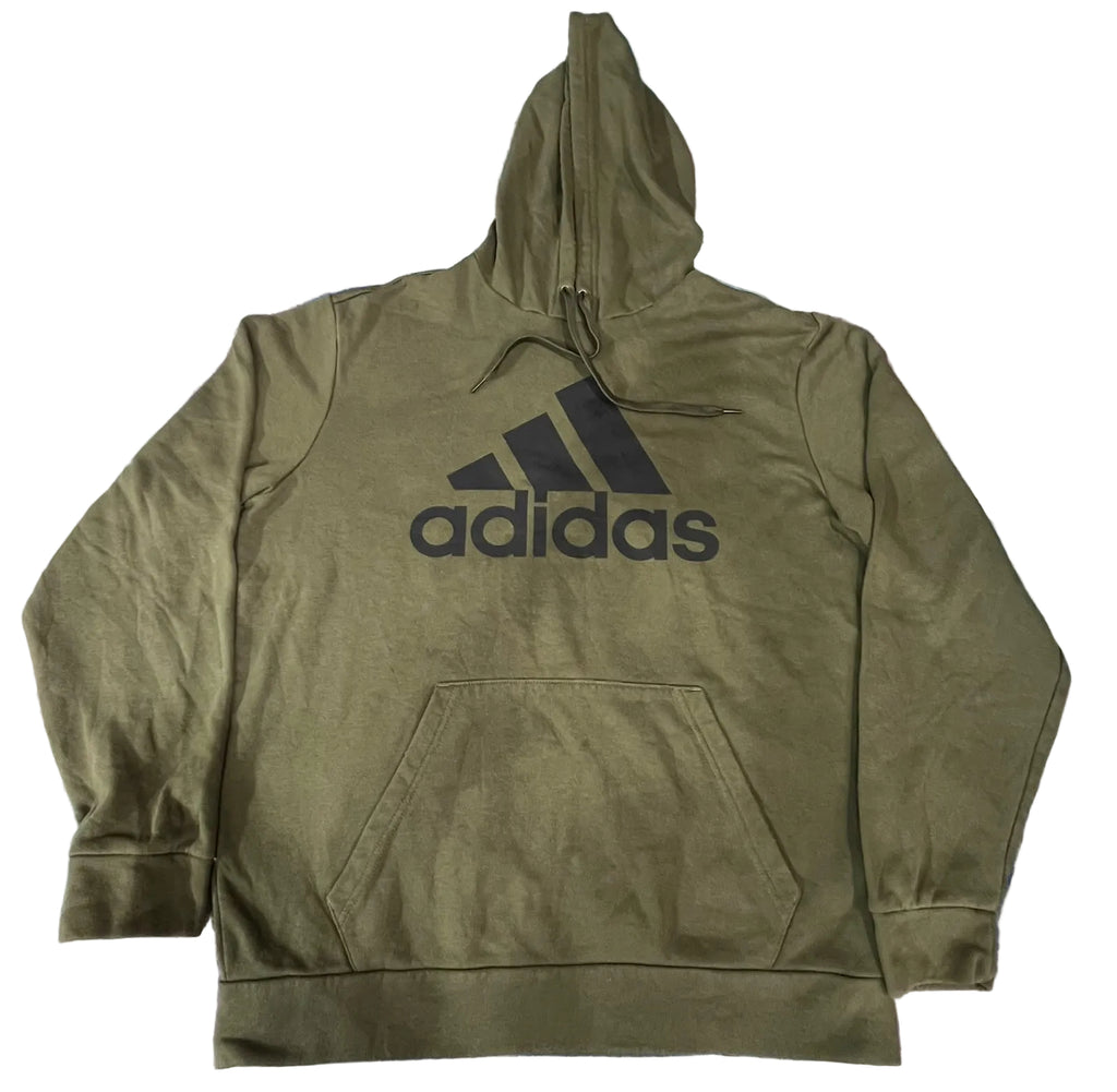 An olive green Adidas pullover hoodie with a black logo printed on the chest,