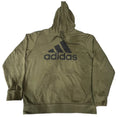 An olive green Adidas pullover hoodie with a black logo printed on the chest,