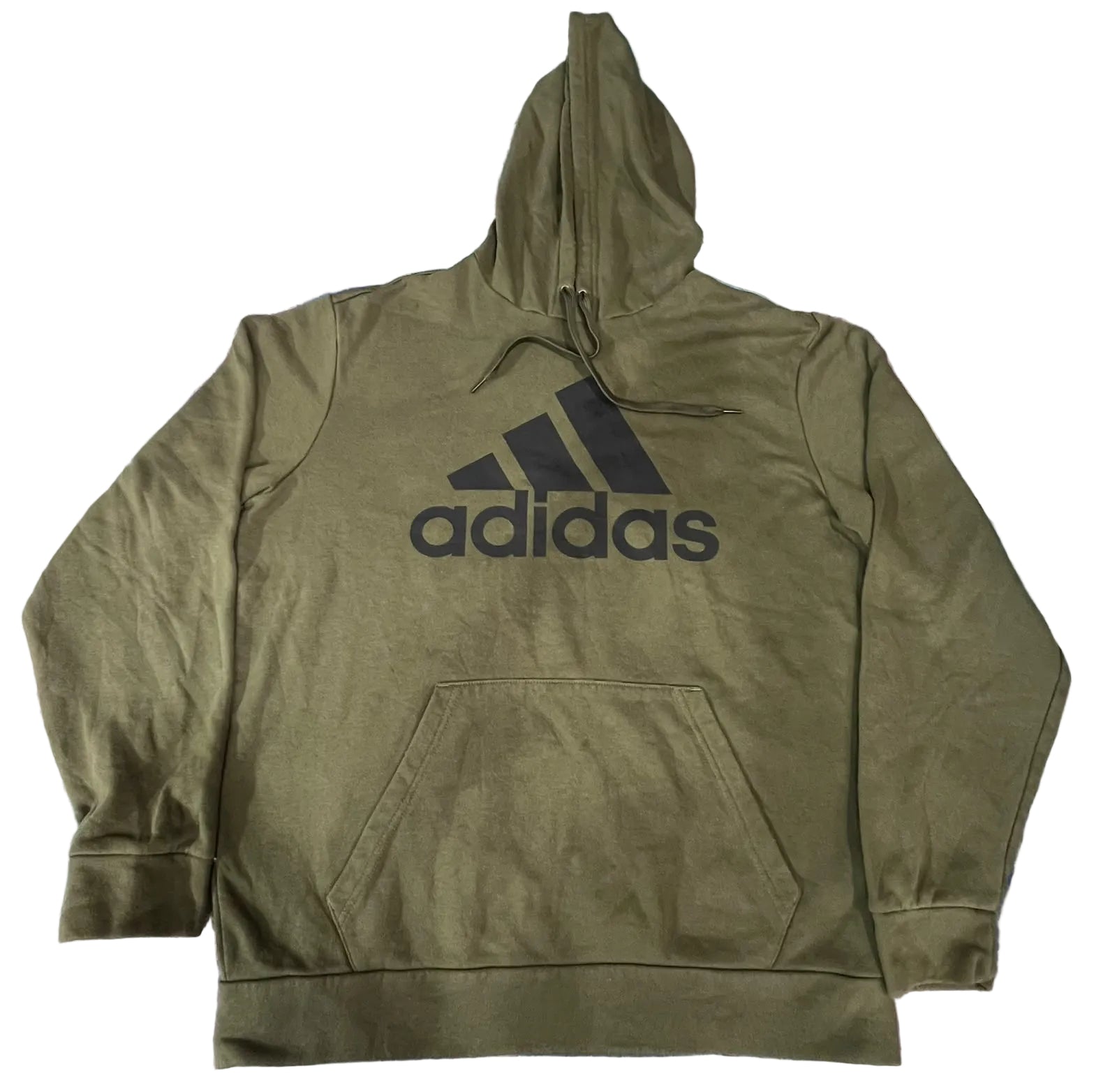 An olive green Adidas pullover hoodie with a black logo printed on the chest,